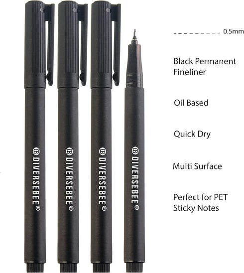 DIVERSEBEE Fine Tip Permanent Pens, 4 Pack Quick Dry Markers, Transparent Sticky Notes Writing Pens, Office School Art Supplies, Black Oil Based F...